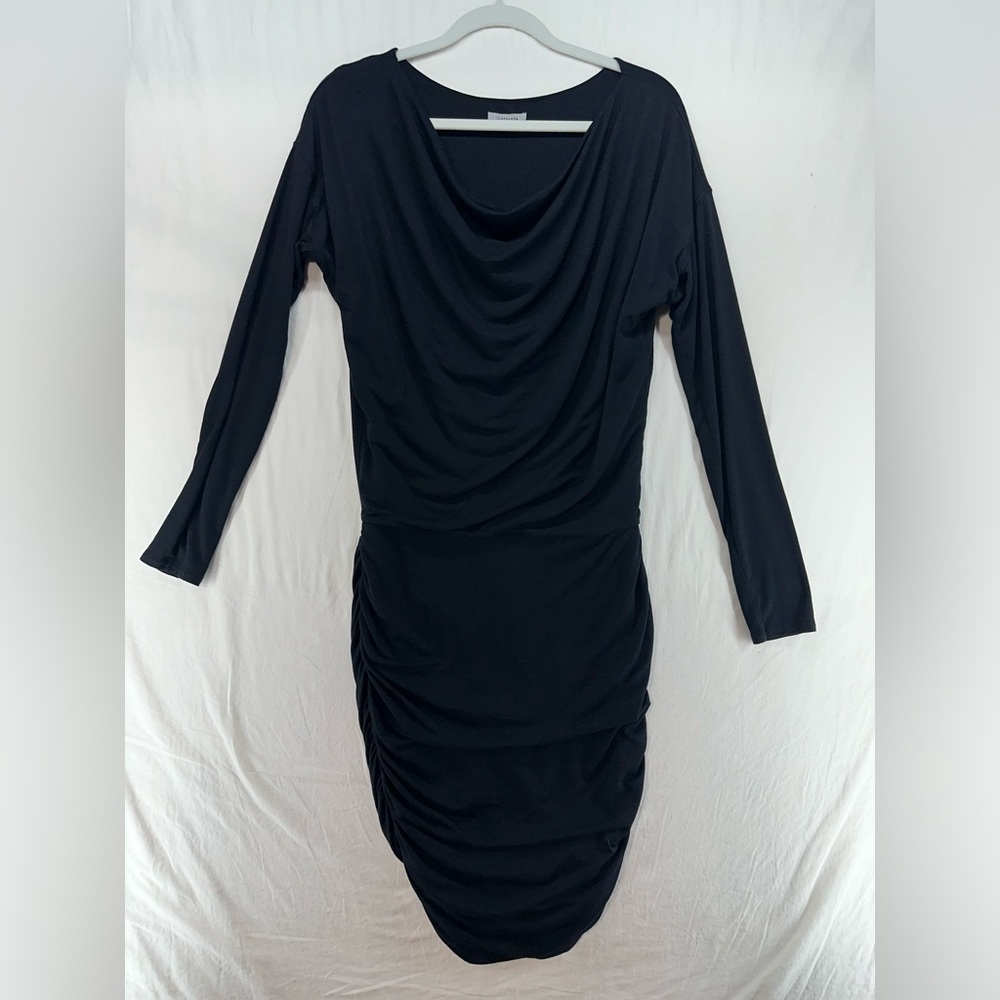 Athleta Solstice Black Long Sleeve Dress‎ Ruched Cowl Neck Casual 243063 Size S